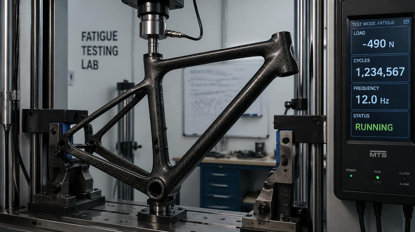 EN certification testing: carbon frame undergoing impact and fatigue tests in a laboratory