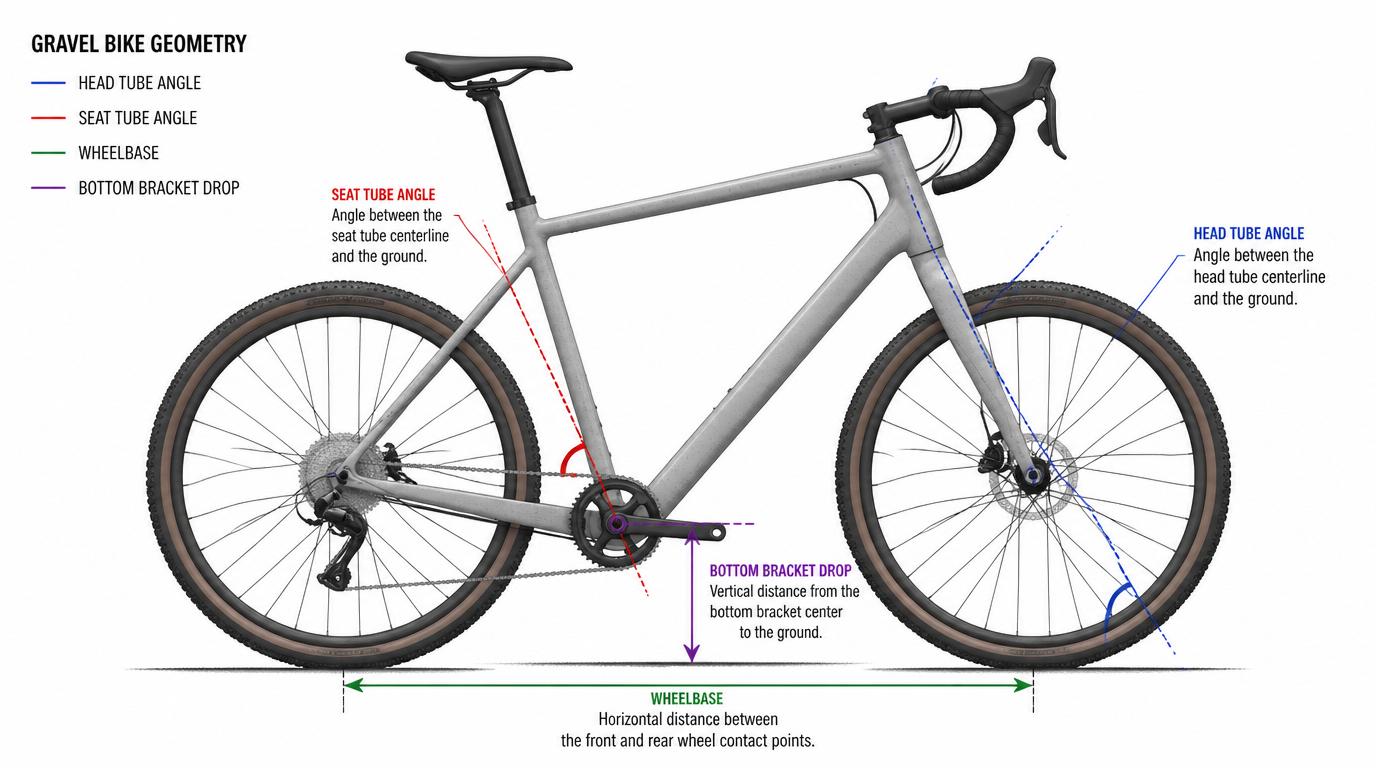 Gravel bike frame geometry diagram with annotations: head tube angle, wheelbase, chainstay length, bottom bracket drop