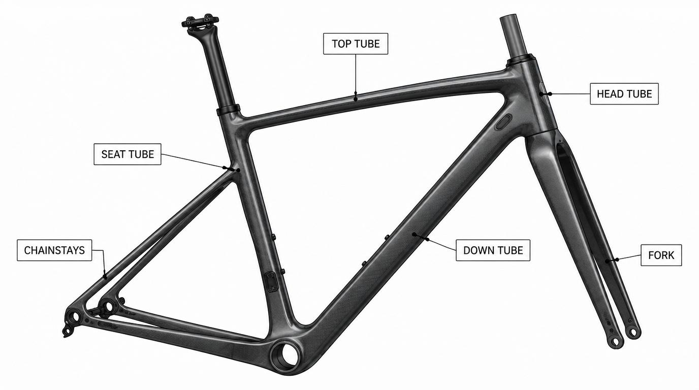 Carbon fiber gravel bike frame anatomy showing head tube, down tube, bottom bracket, and chainstays