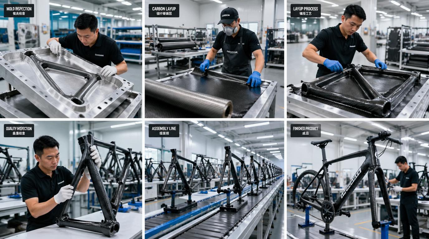 OEM carbon frame manufacturing process: carbon layup, EPS monocoque molding, quality inspection