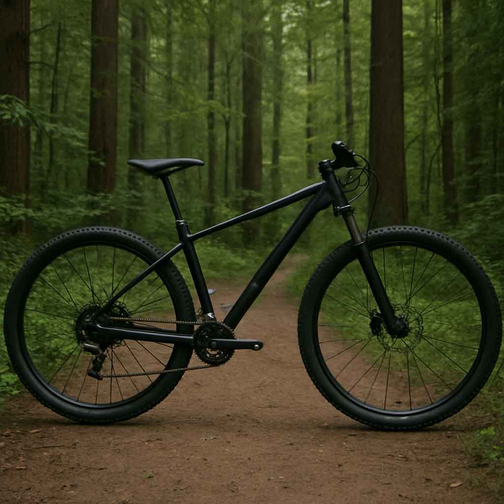 Mountain bike with 29er wheels against a forest backdrop