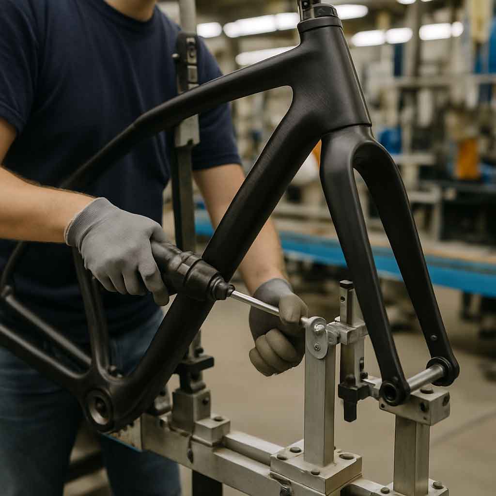 Assembly of a carbon bike frame in a factory