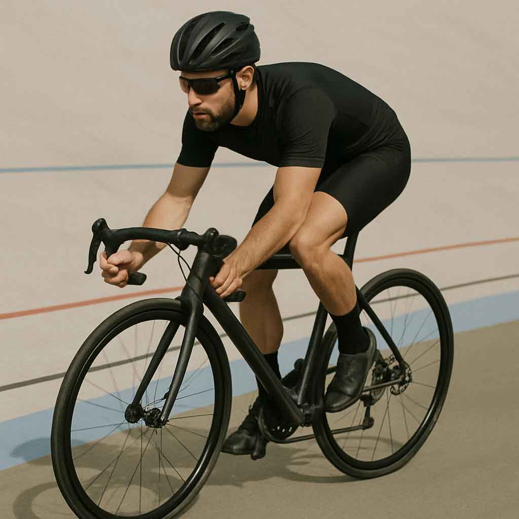 Cyclist riding a graphite bike on a track