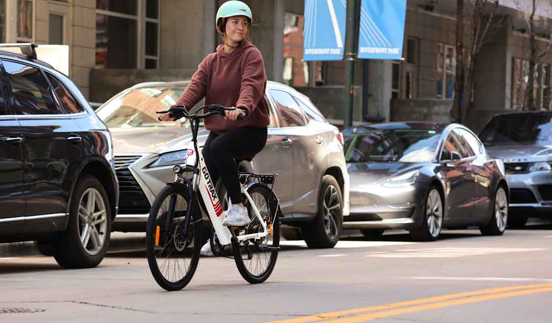 Lightweight electric mountain bike on a city street