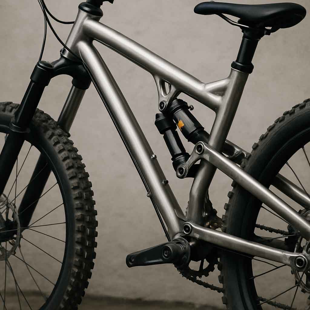 Close-up of steel frame full suspension bike