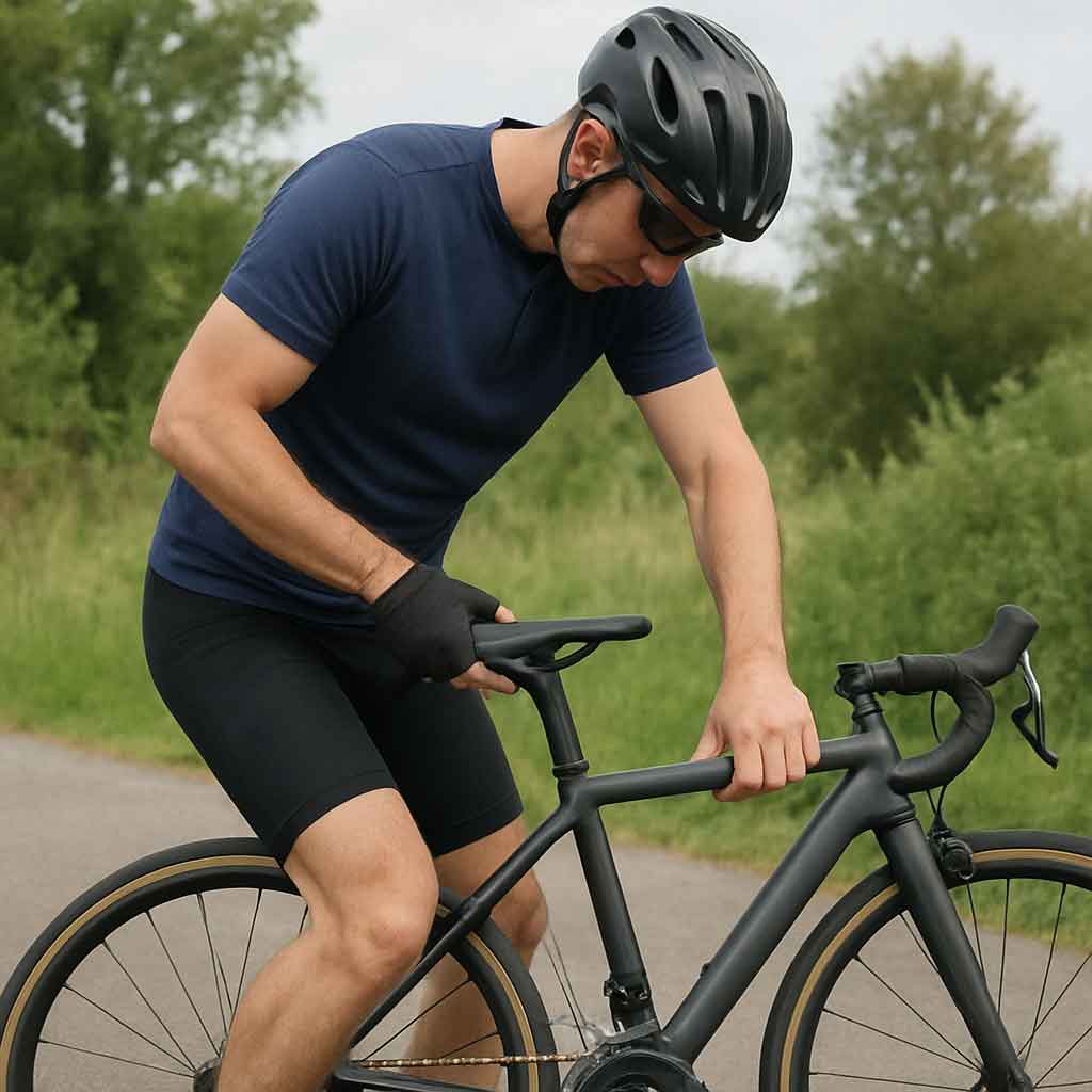 Cyclist adjusting bike seat height