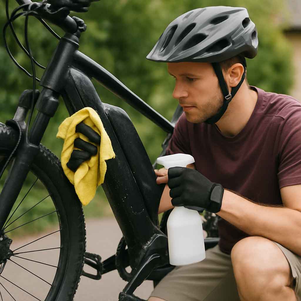 Cyclist cleaning e-bike