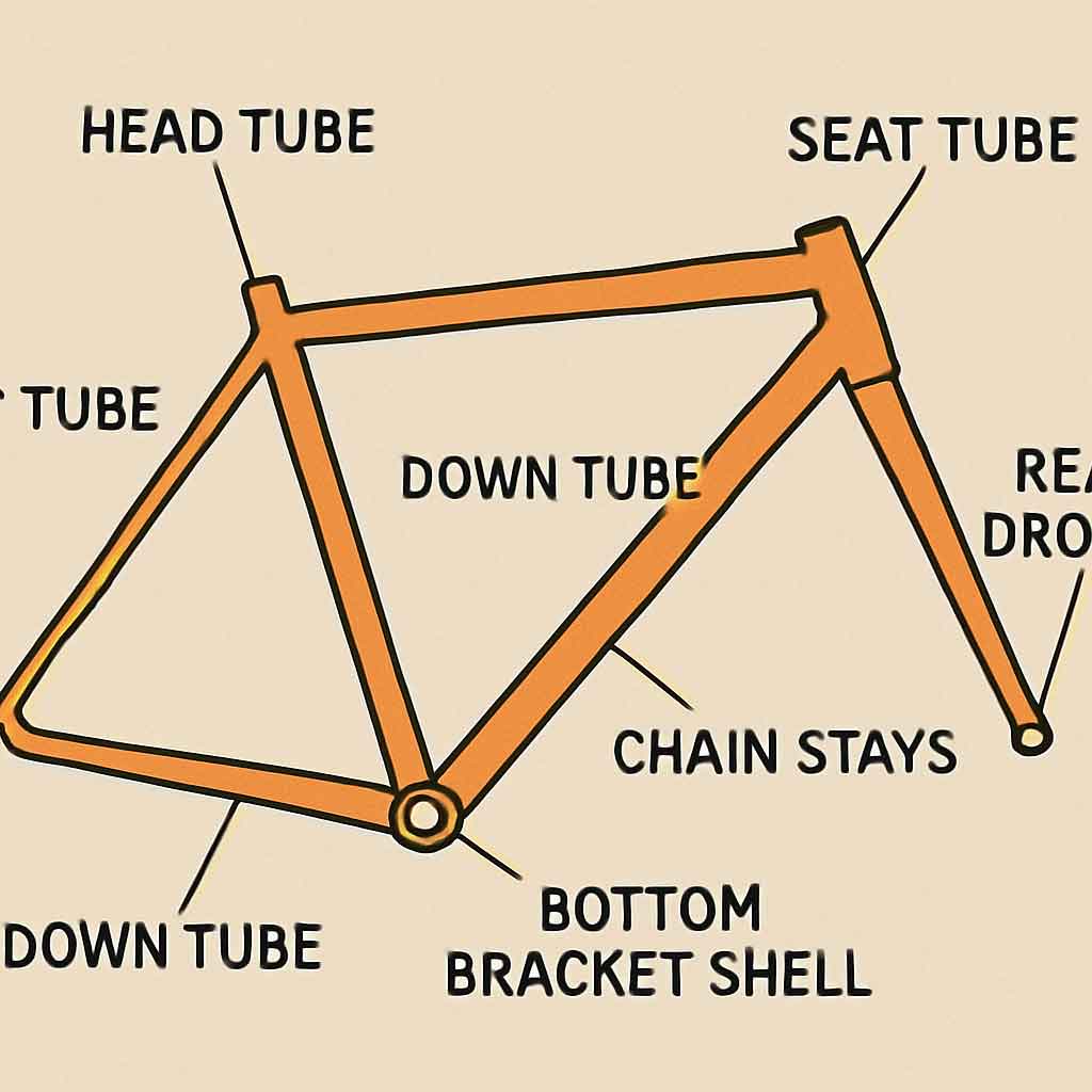 A diagram showing different parts of a bike frame
