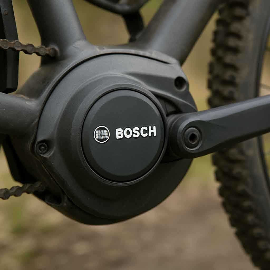 Close-up of a Bosch mid-drive motor on an electric bike