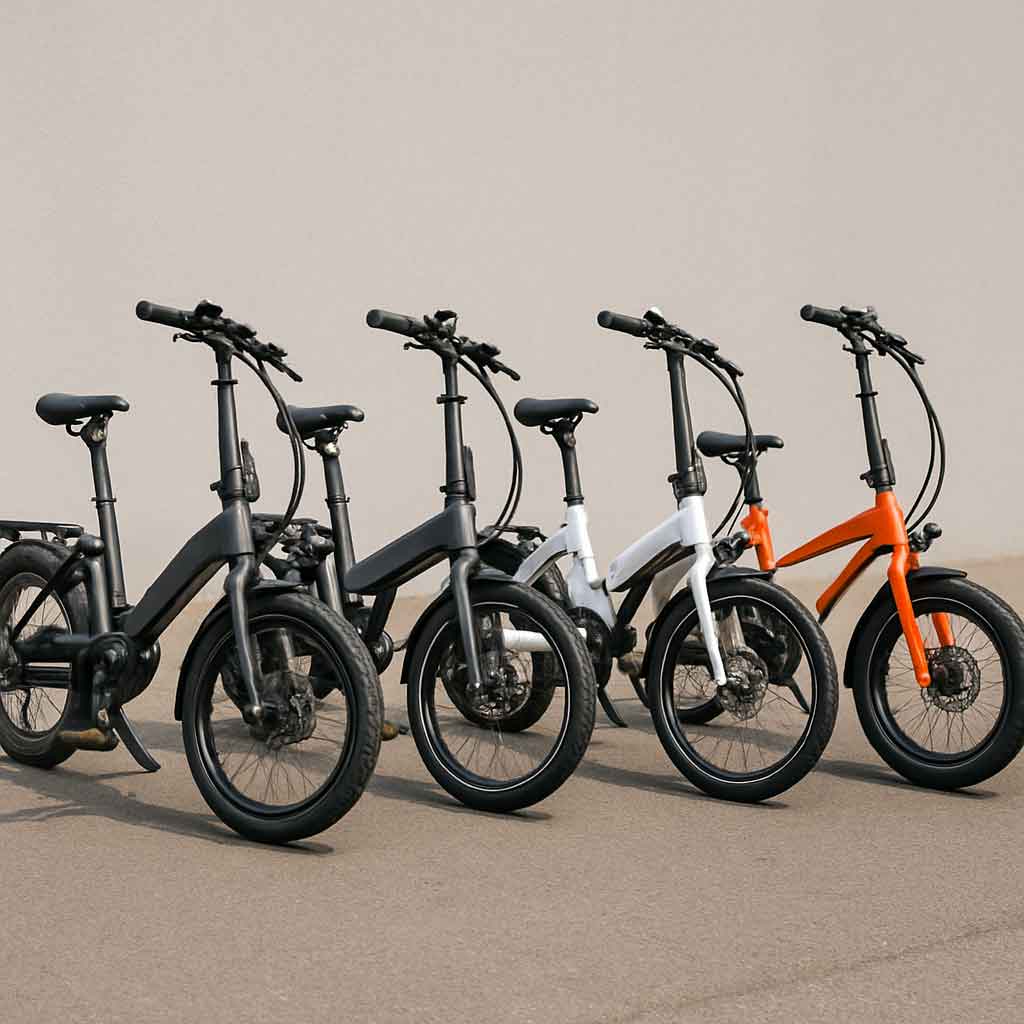 Different models of foldable electric bikes lined up for a test ride