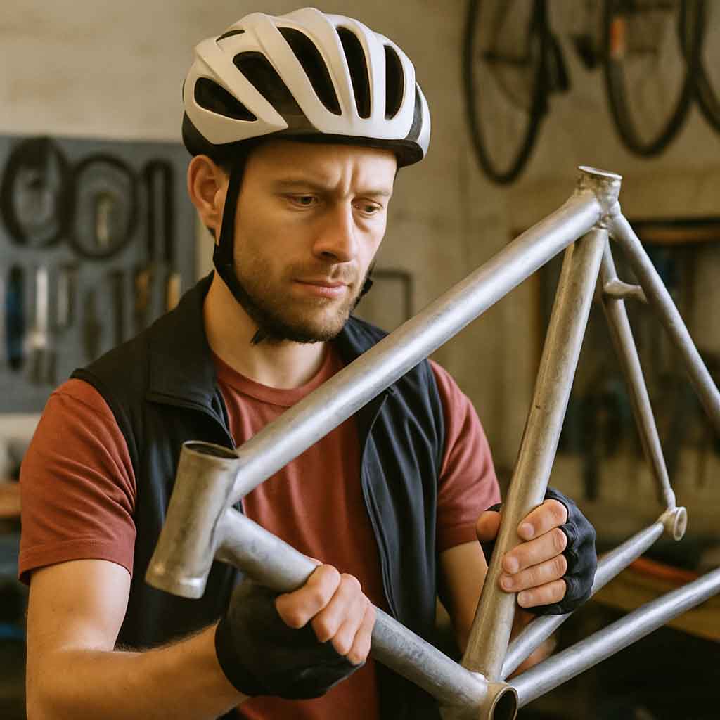 A cyclist examining a used bicycle frame