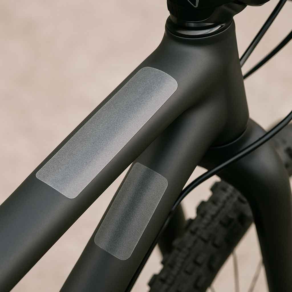 Close-up of bike frame with protective tape