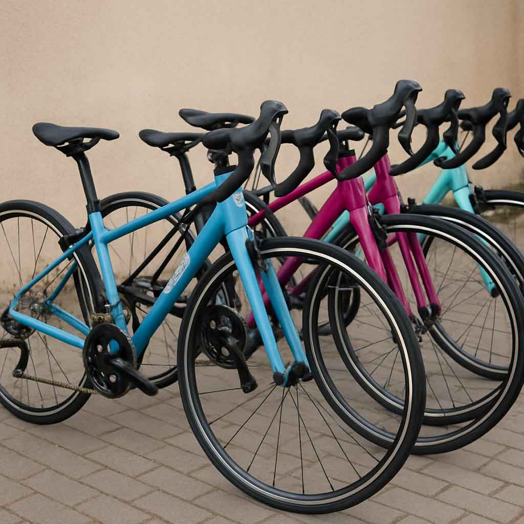 A selection of ladies road bikes lined up for display