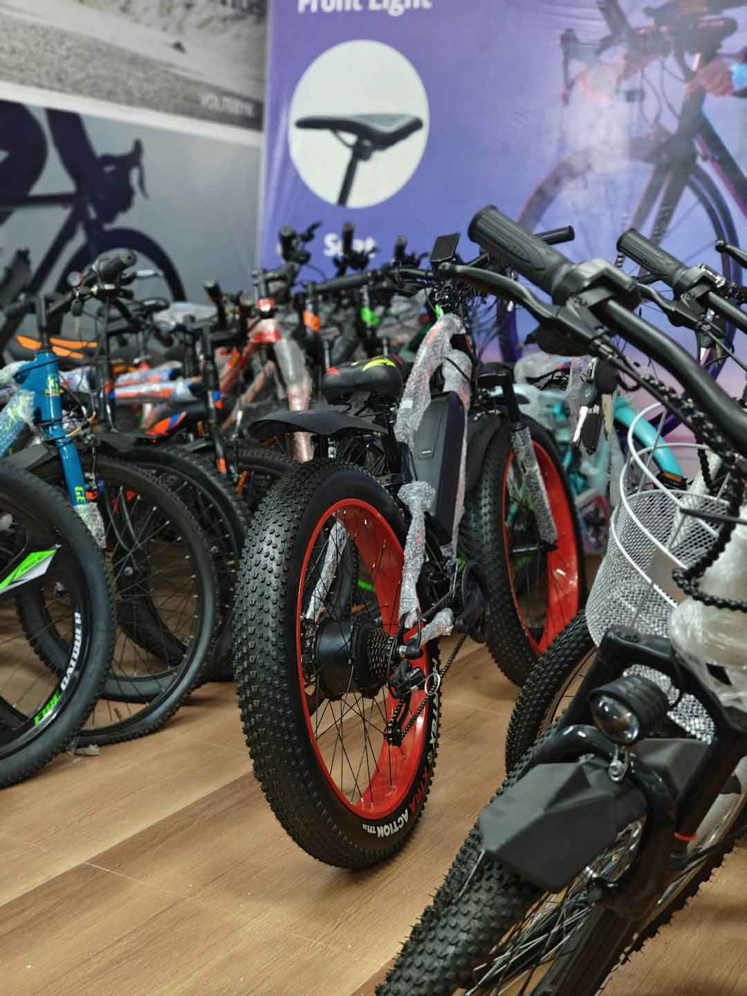 An array of mountain bikes in a store display