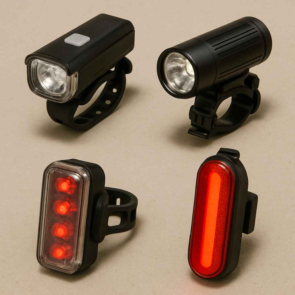 Various types of bike lights displayed