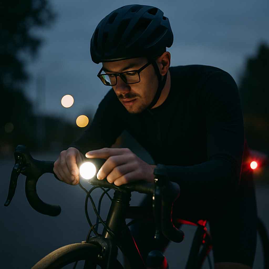 Cyclist checking bike lights