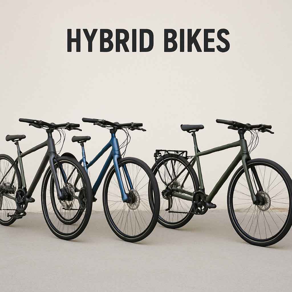 Different types of hybrid bikes on display