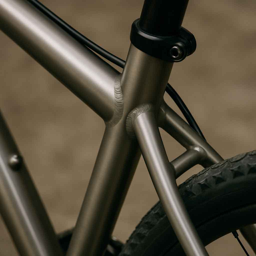 Close-up of titanium bike frame