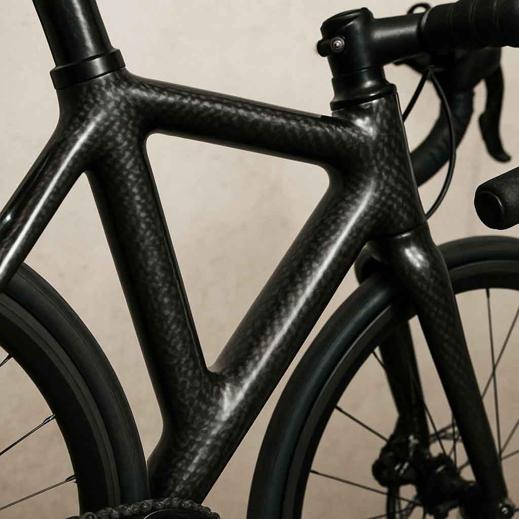 Close-up of a carbon fiber road bike frame