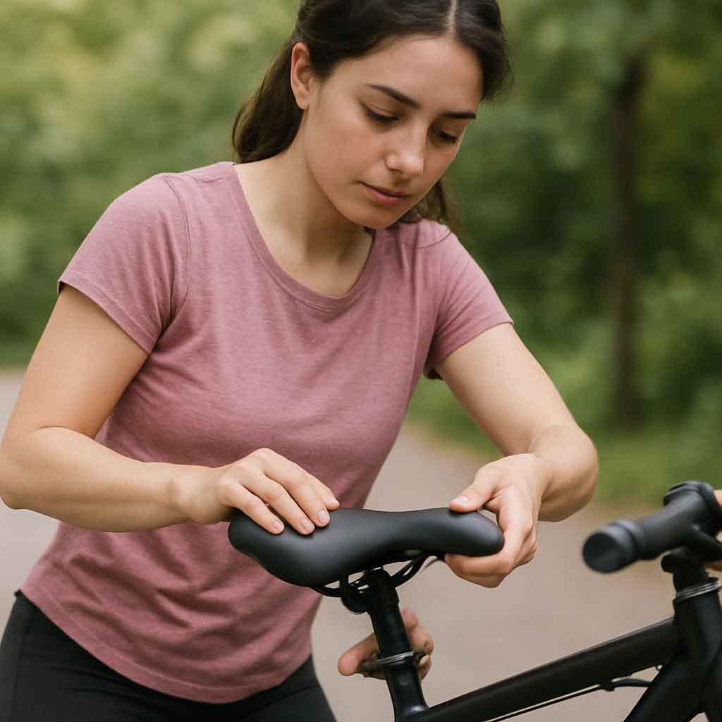woman adjusting her bike saddle
