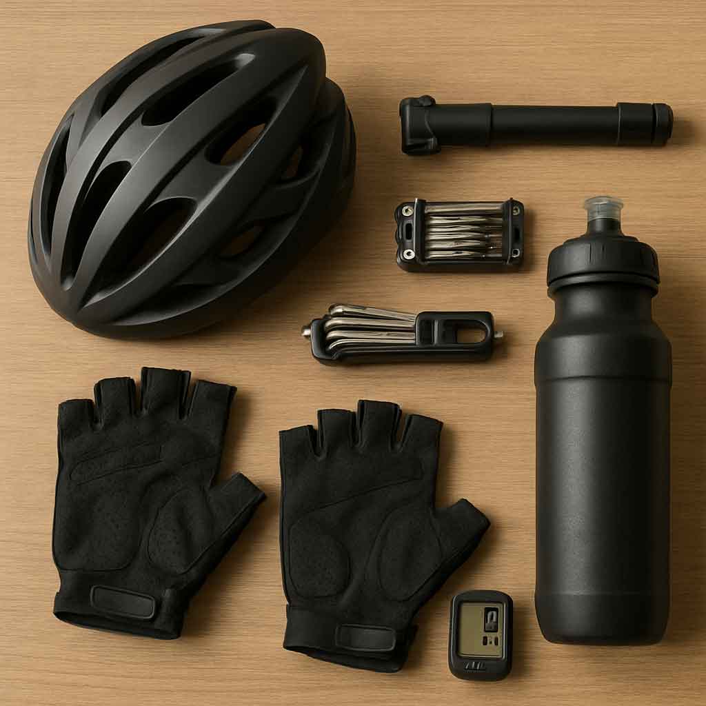cycling accessories laid out on a table