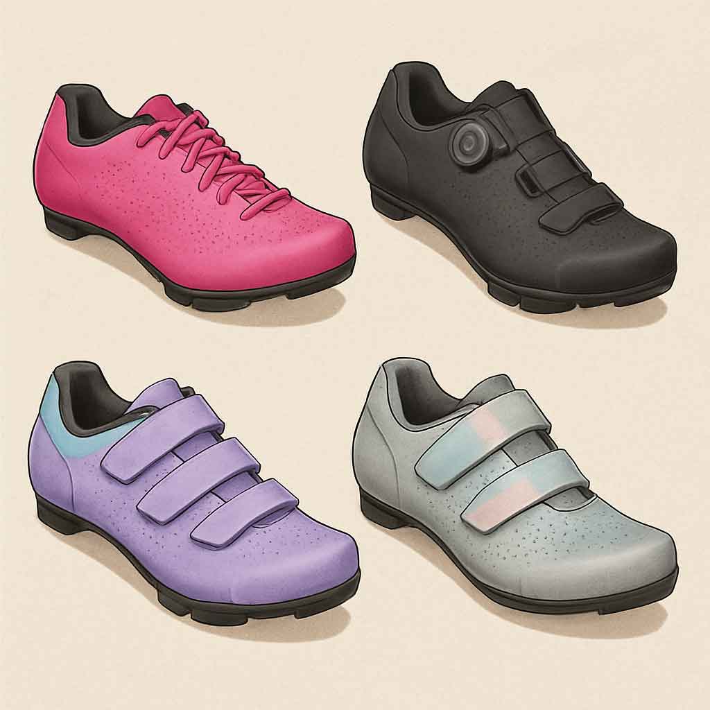 Various styles of women's cycling shoes