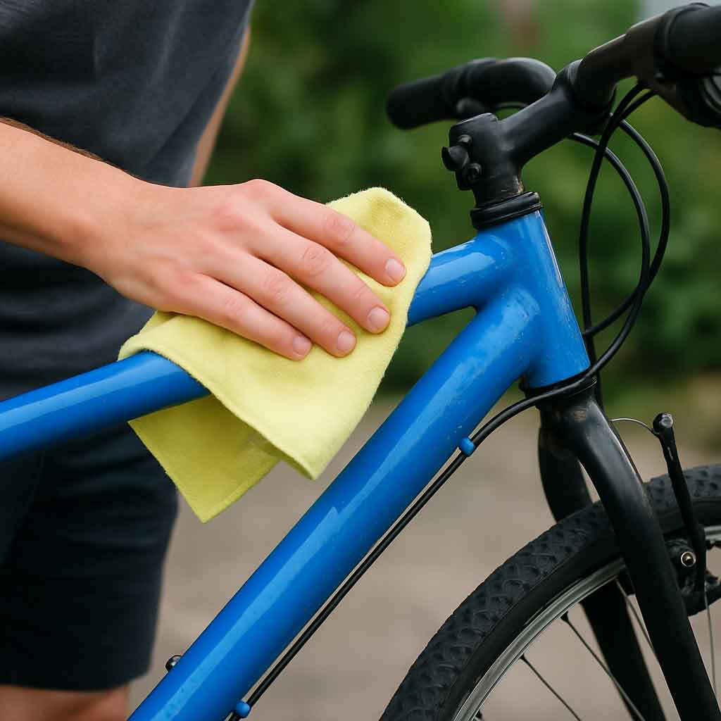 Cleaning a bicycle frame with a cloth