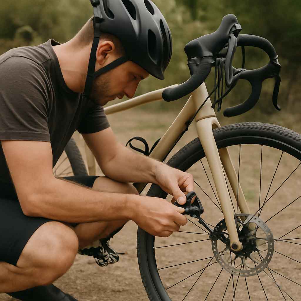 Cyclist adjusting brakes on gravel bike