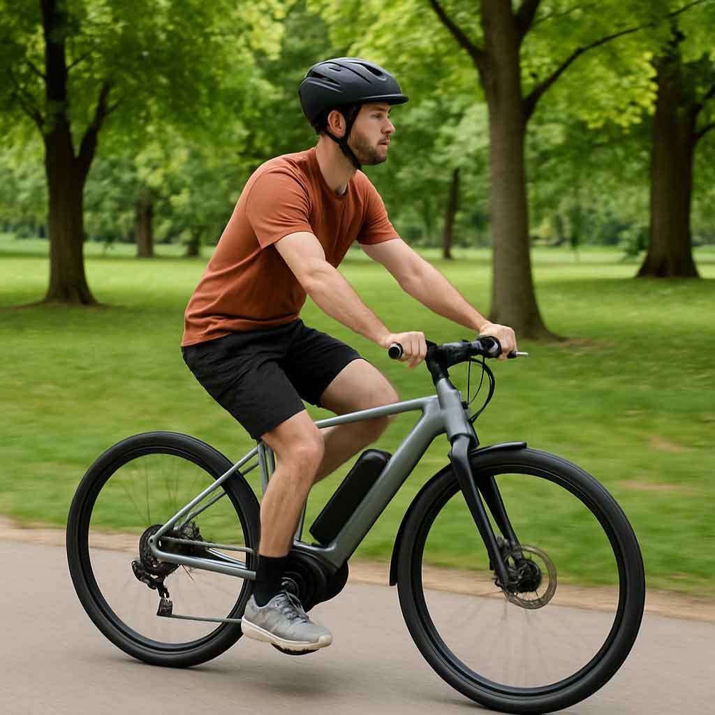 Cyclist riding a lightweight electric bicycle through a park