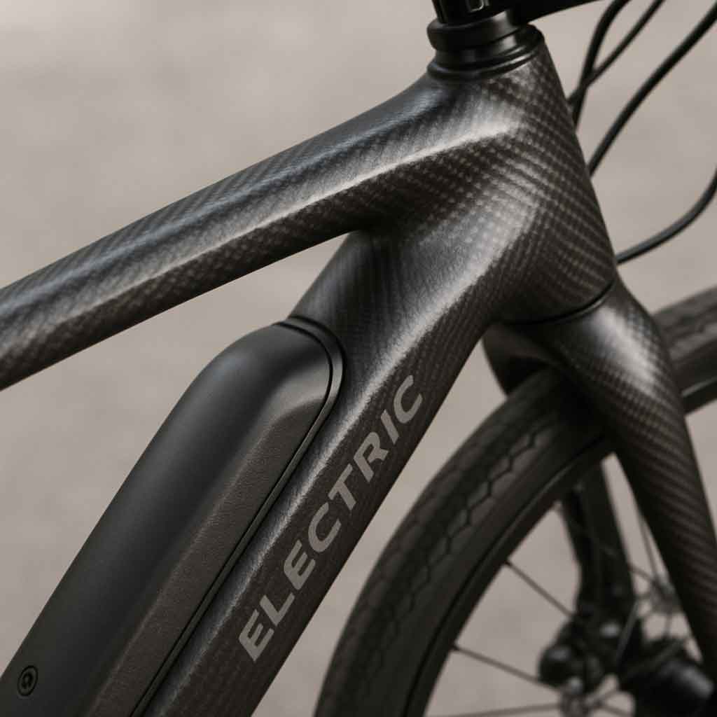 Close-up of a carbon fiber electric bike frame