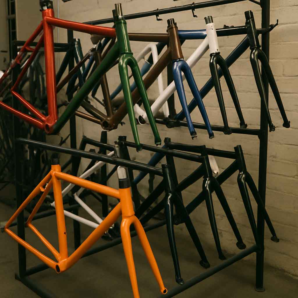 Display of various bike frames in a shop