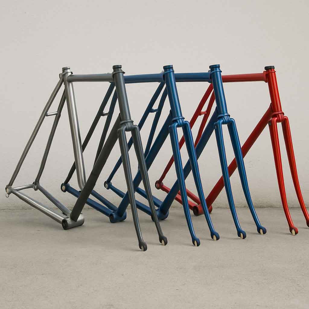 Different types of steel bike frames lined up