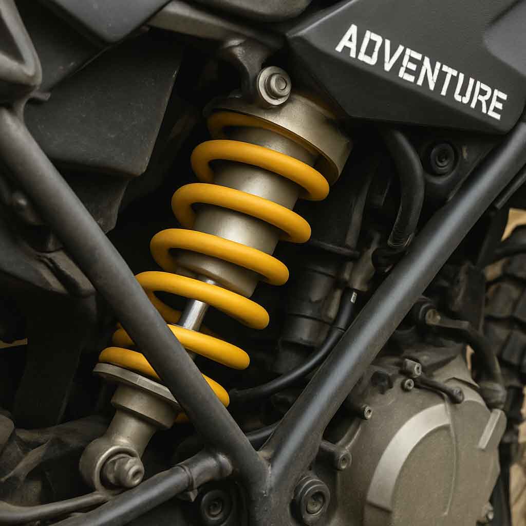 Close-up of an adventure motorcycle's suspension