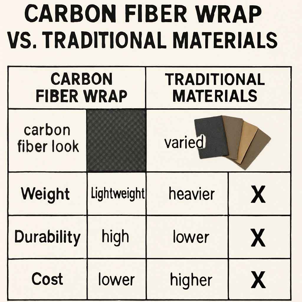 Comparison chart between carbon fiber wrap and traditional materials