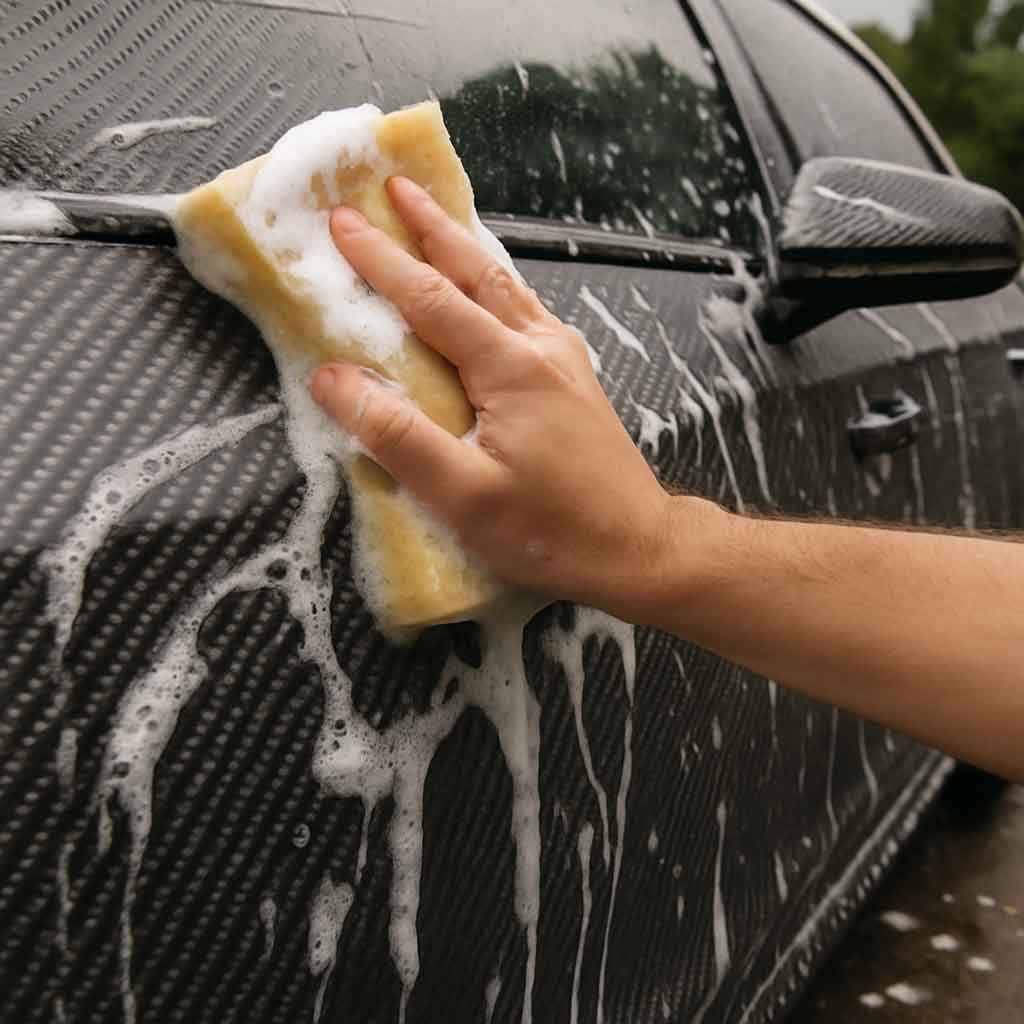 Hand washing a car with a carbon fiber wrap