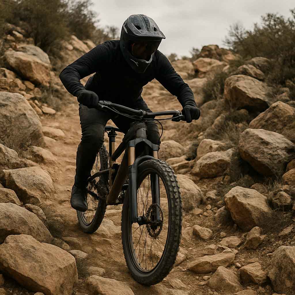 Biker navigating rocky terrain