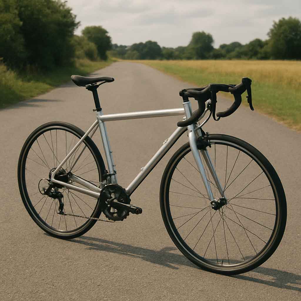 V&eacute;lo en aluminium sur une route asphalt&eacute;e