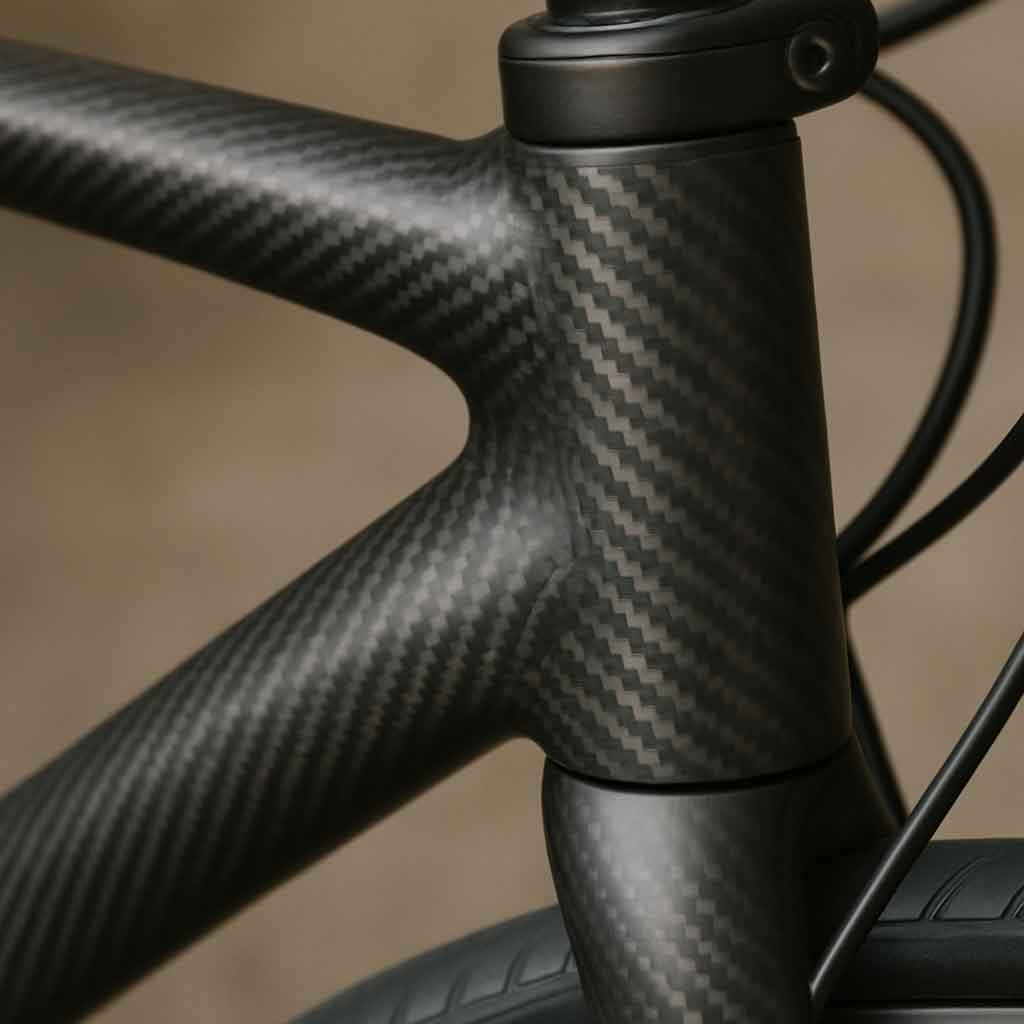 Close-up of a carbon fiber bike frame