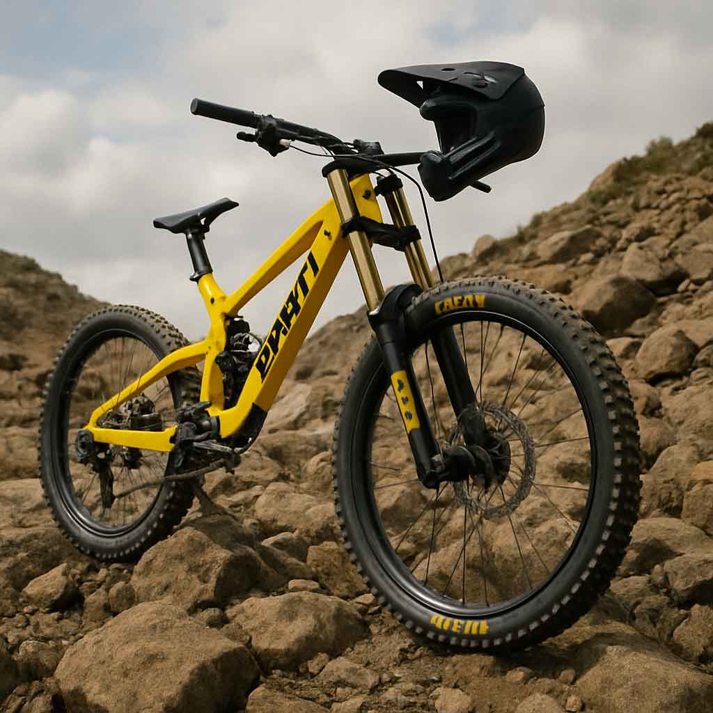 Giant downhill mountain bike on rocky terrain