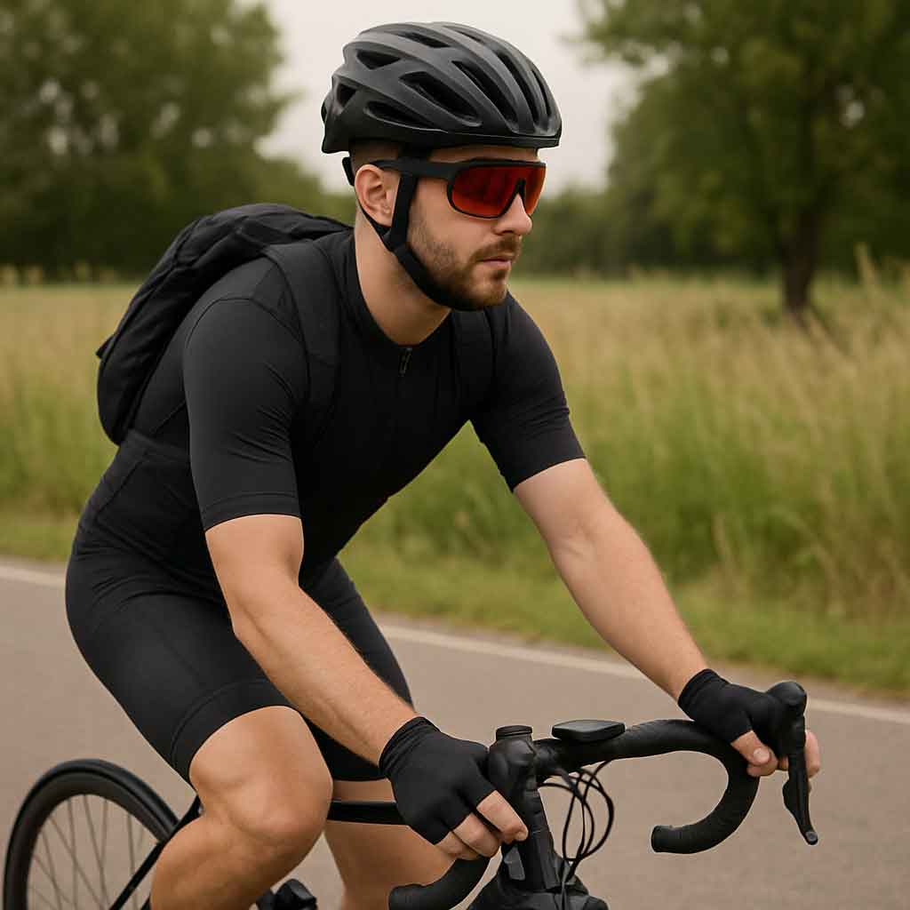 Cyclist equipped with essential road biking gear