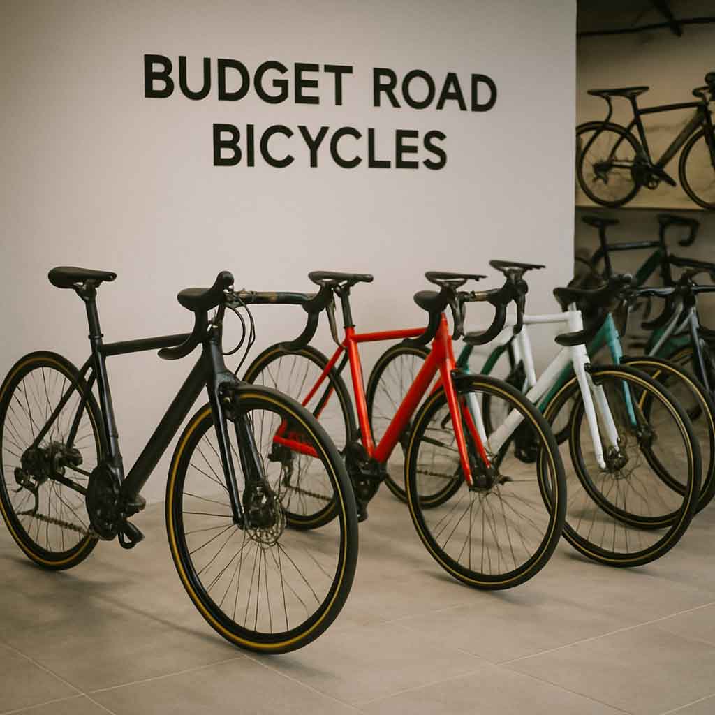 A selection of budget road bicycles in a showroom
