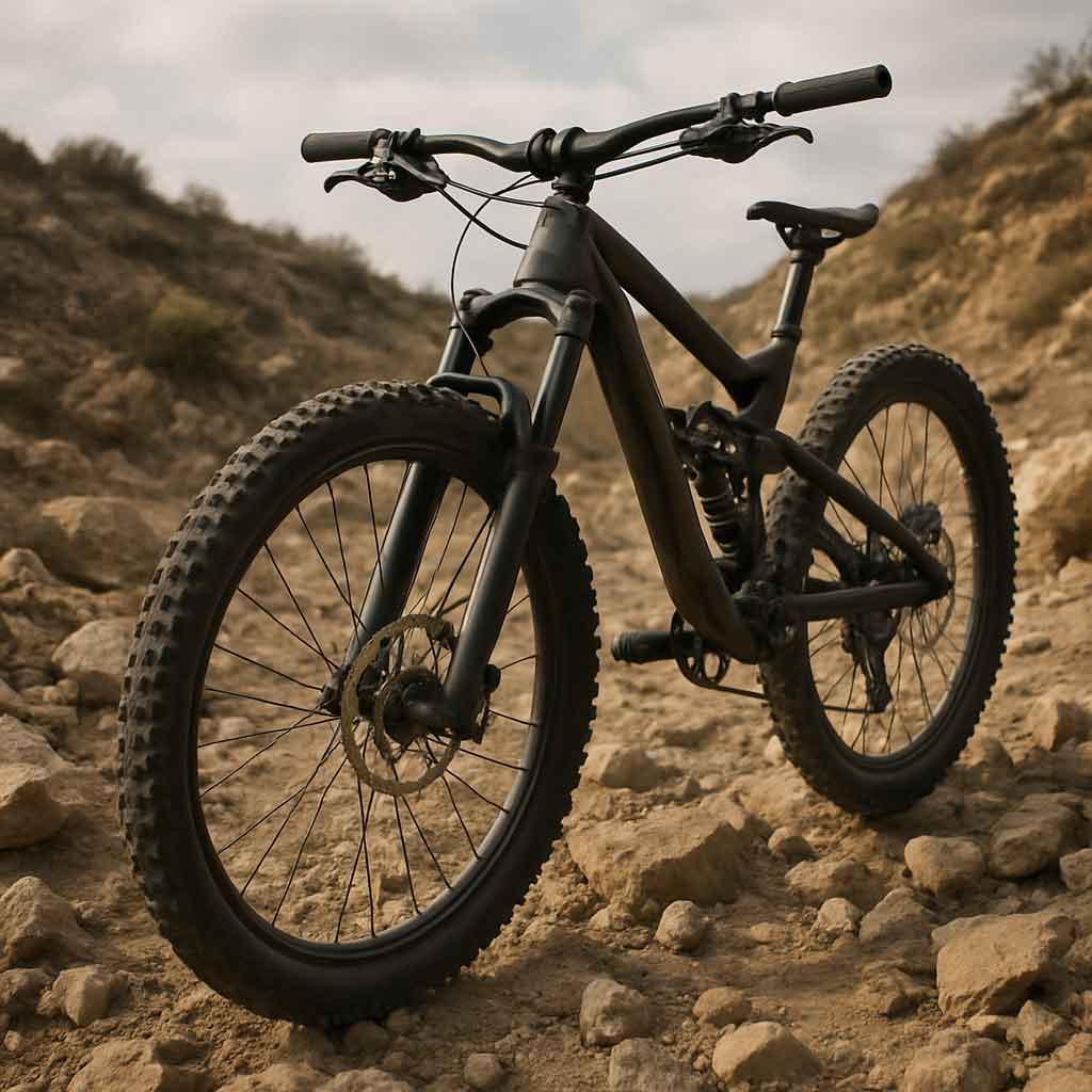 full suspension mountain bike on rocky terrain