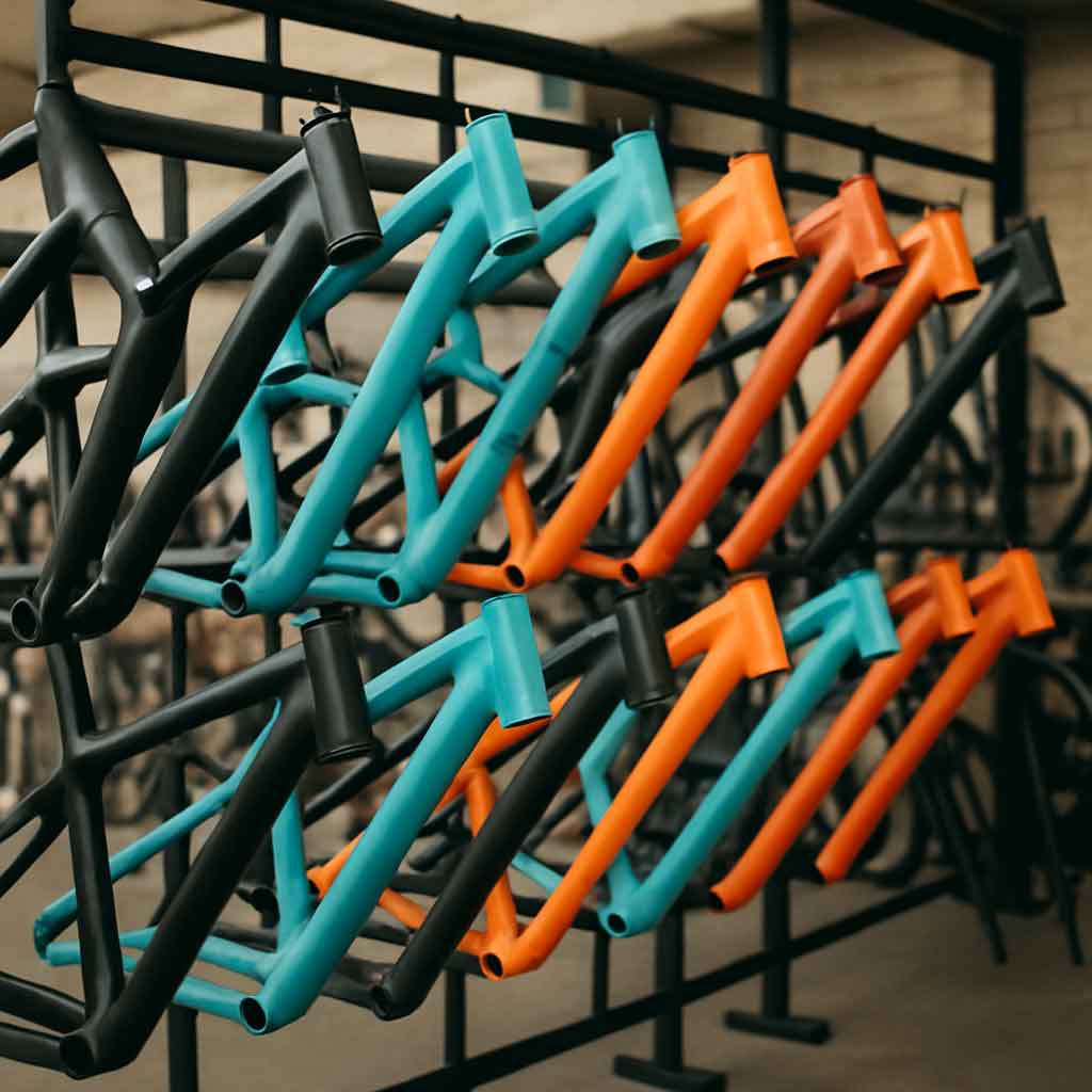 Mountain bike frames in a store