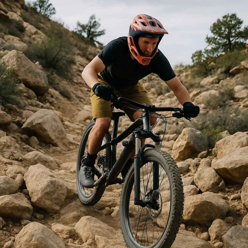 Mountain biker navigating rocky terrain