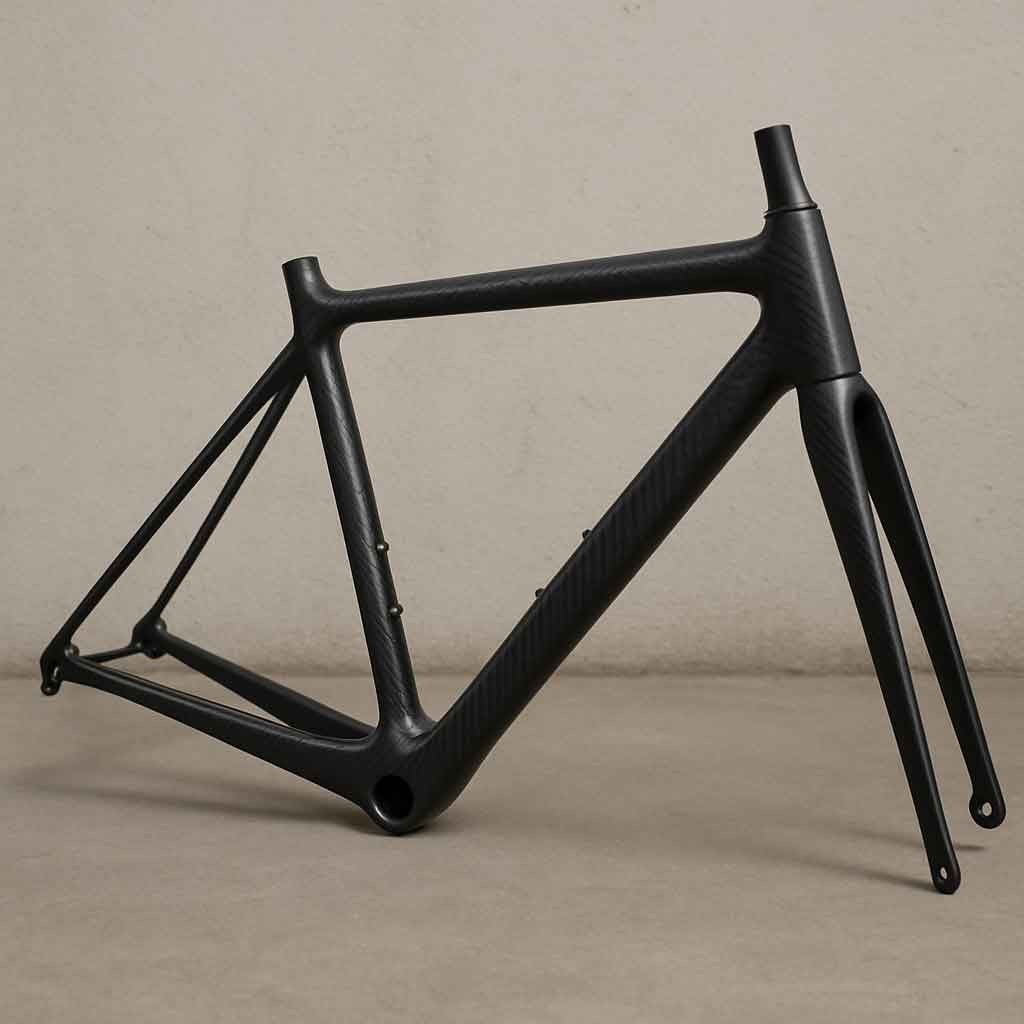 A sleek carbon fiber bike frame