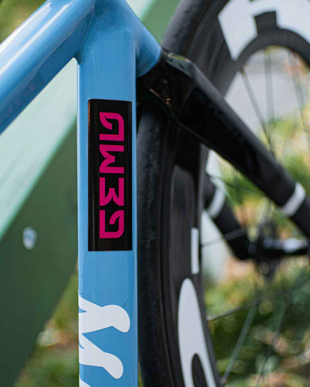 Brand logo on a carbon bike frame