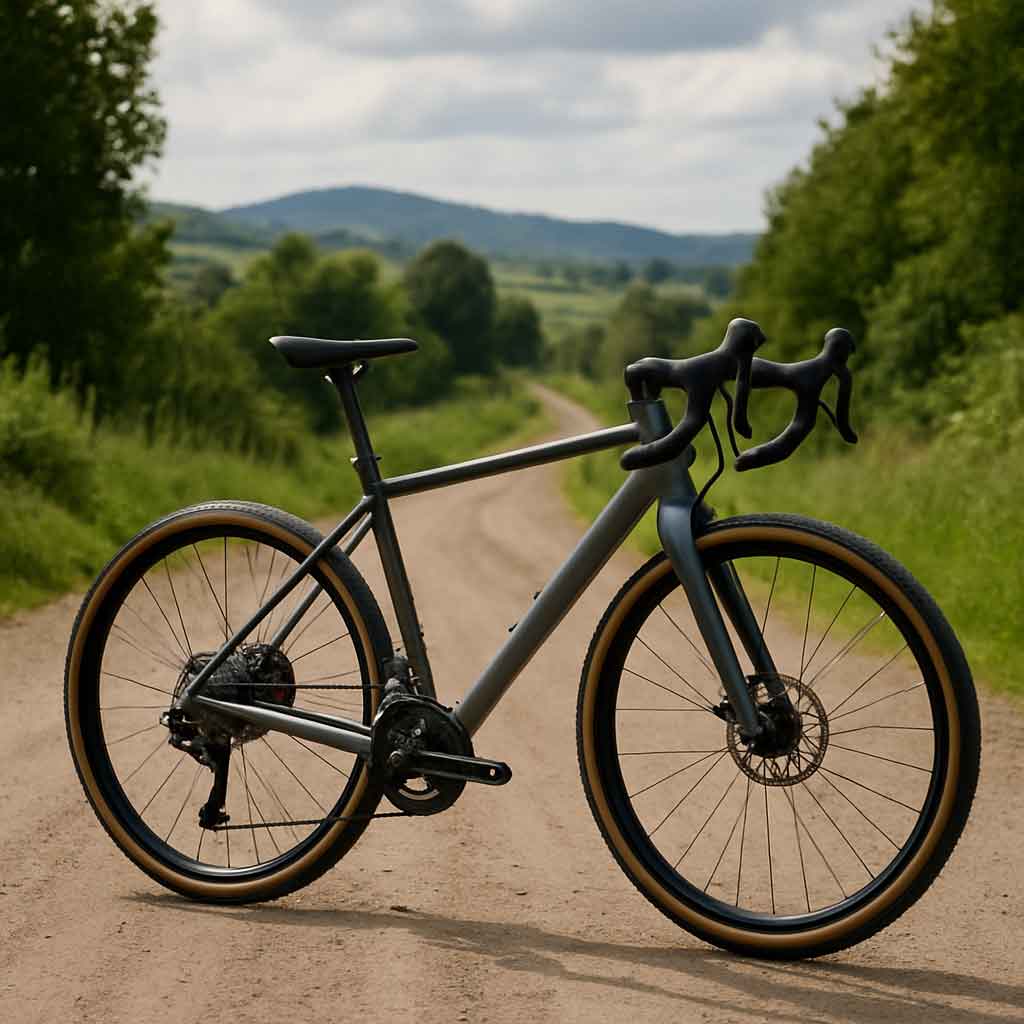 A clean, modern gravel bike on a scenic dirt road, showing its versatility between pavement and trail environments