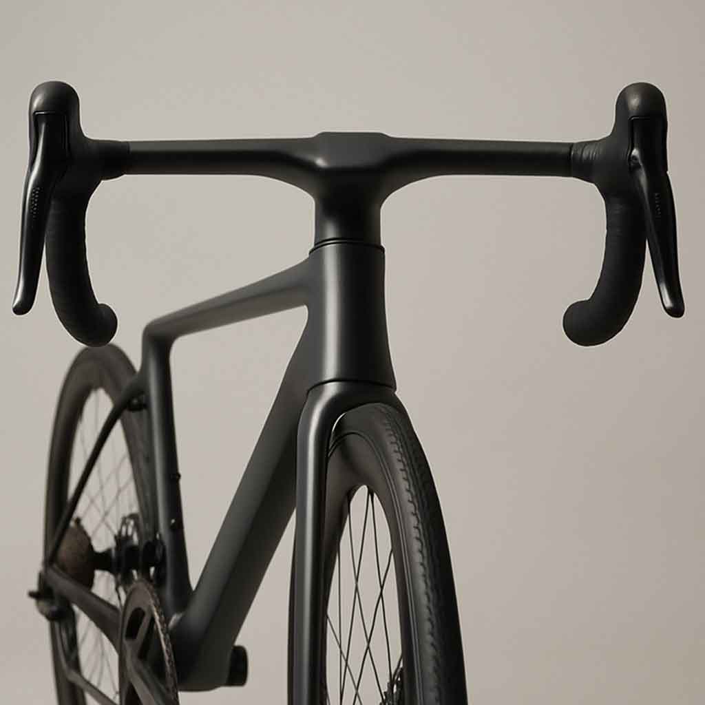 A clean studio shot of a modern aero road bike's front end, highlighting the single, seamless piece of the handlebar and stem, with cables routed internally and out of sight