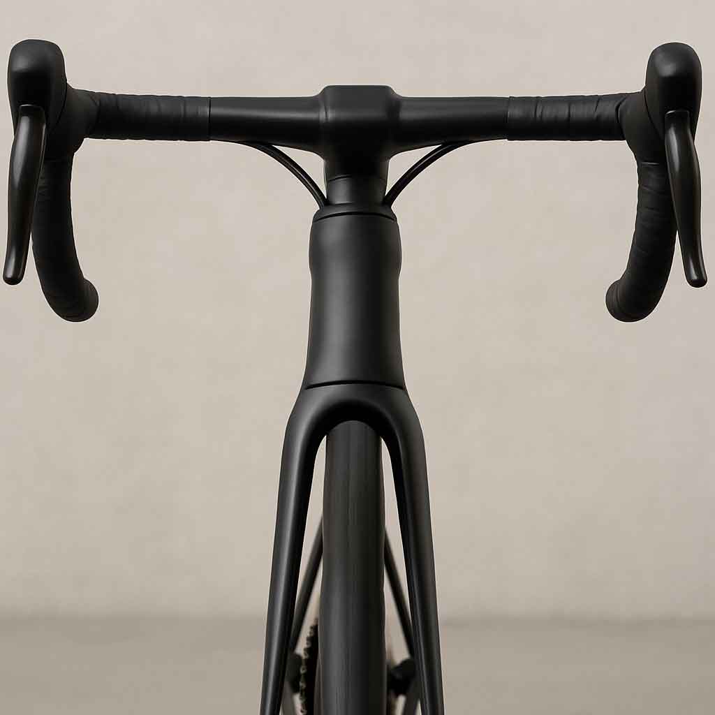 A clean shot of the front of an aero bike's headtube area, clearly showing no visible brake or gear cables, which are entering directly into the frame or handlebars