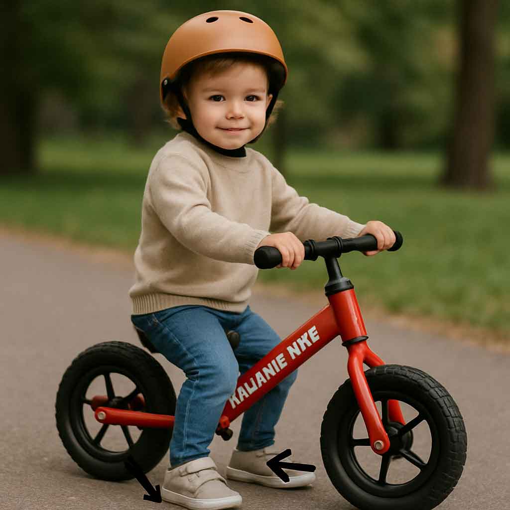 A clear photo of a child sitting on a balance bike. Their feet are flat on the ground, and there is a visible but slight bend in their knees. An arrow could point to the feet and another to the knee bend
